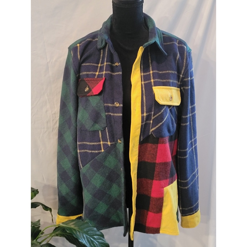 Reason‎ Brand Mens Patchwork Flannel Shirt Plaid Corduroy Mixed Media Navy Green